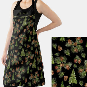 Tablier Flore hivernale aquarelle sur fond botanique noir