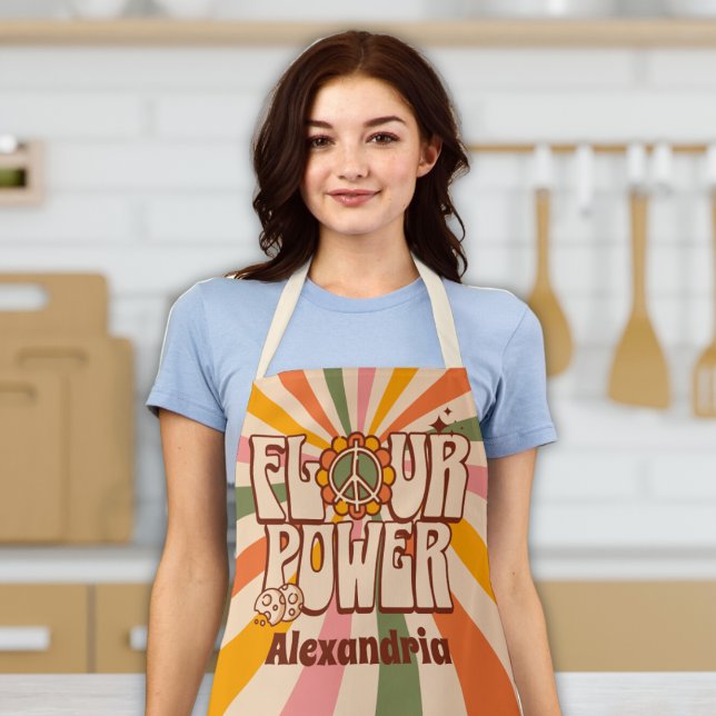 Tablier "Flour Power" Retro 60s Funny Cuisine Baking ("flour power" 60s 70s hippy apron funny cute retro w/ custom name peace sign baking apron for women)