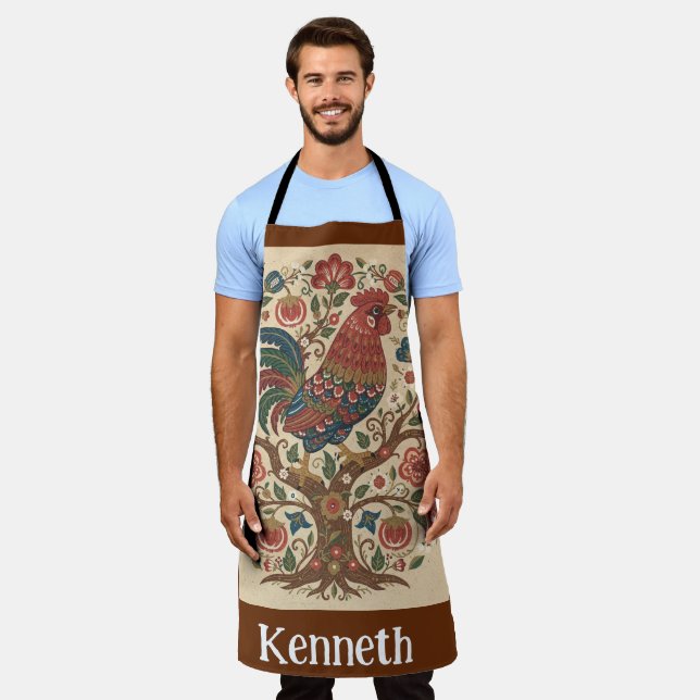 Tablier Folk Art Rooster Personalized Large Apron (Porté)