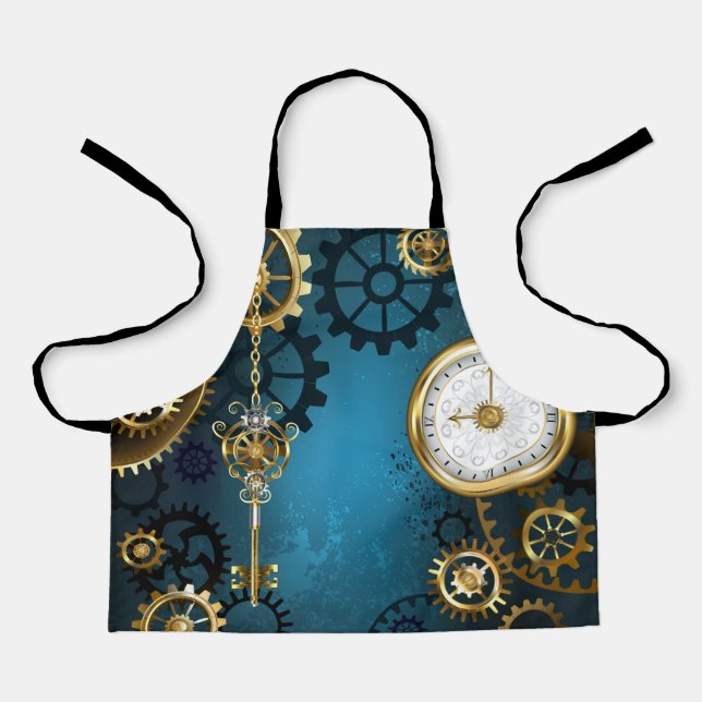 Tablier Fond turquoise Steampunk avec engrenages (Recto)