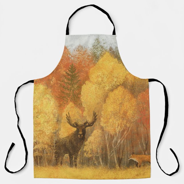 Tablier Forêt d'automne, cerf numérique et renard. (Recto)
