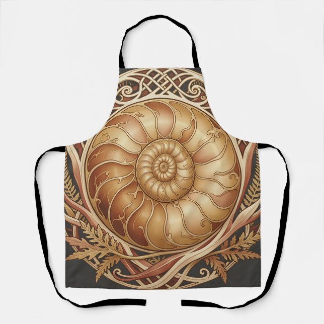 Tablier Fossile d'ammonite dorée Cadre celtique Motif orné (Recto)