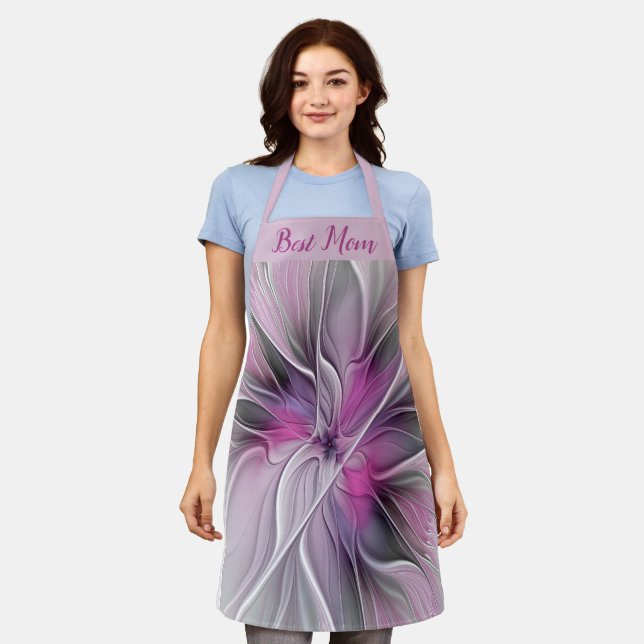 Tablier Fractal Floral Abstrait Fleur Rose Gris Meilleure  (Porté)