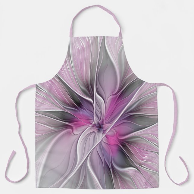 Tablier Fractal Floral Moderne Abstrait Fleur Rose Gris (Recto)