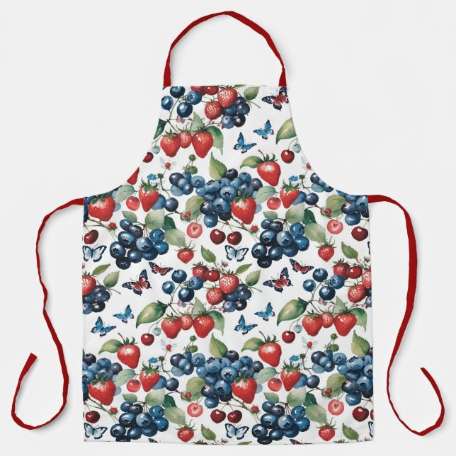 Tablier Fraises aux bleuets et papillons (Recto)
