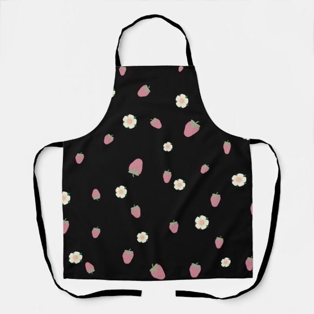 Tablier Fraises et fleurs motif noir (Recto)
