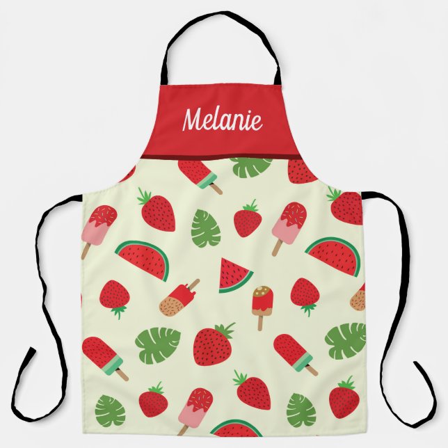 Tablier Fraises, pastèque et sucette nom personnalisé  (Recto)