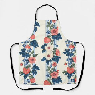 Tablier Fraises vintages et Feuilles bleus motif floral