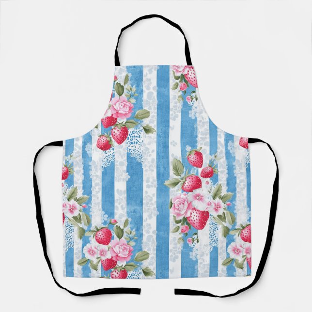 Tablier Fraises vintages et fleurs sur bandes bleues (Recto)