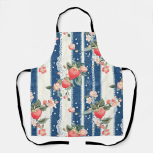 Tablier Fraises vintages et fleurs sur bandes bleues (2)