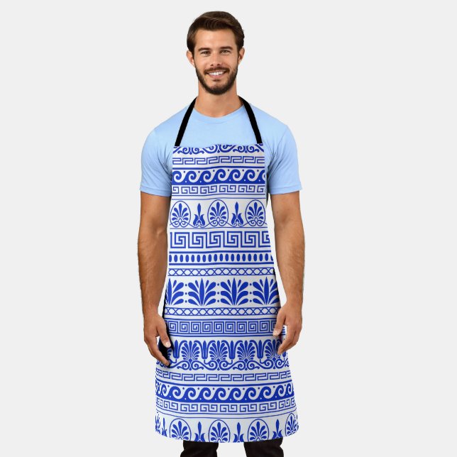 Tablier Fret grec, Motif méditerranéen, Bleu (Porté)