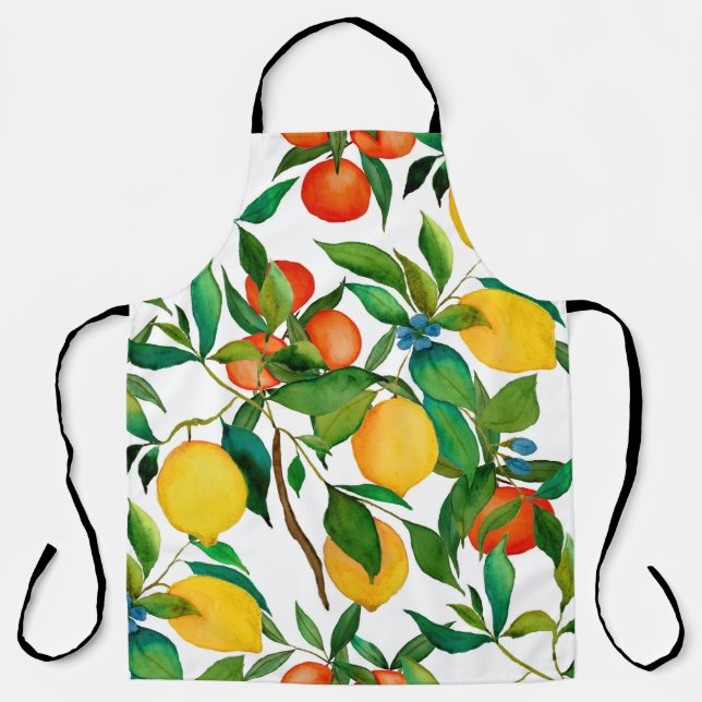 Tablier Fruits d'agrumes, motif d'aquarelle vibrante. (Recto)