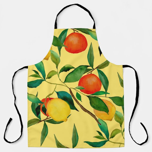 Tablier Fruits d'agrumes, motif d'aquarelle vibrante. (Recto)