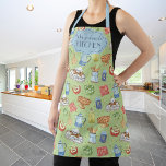 Tablier Fun Coloré Rétro Aquarelle Cuisine Nom du chef<br><div class="desc">Un motif "Bon appétit" clair et coloré fait avec des articles de cuisine vintages peints à l'aquarelle et des aliments et des éléments de parties scintillant en faux or,  texte personnalisable pour un cadeau personnalisé.</div>