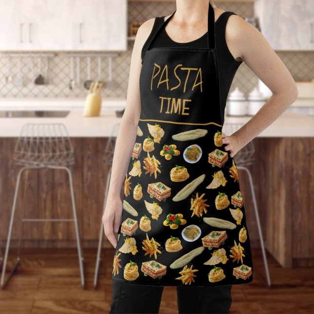 Tablier Fun Pasta Variety Motif Prêt à personnaliser (template pasta pattern apron with black background)