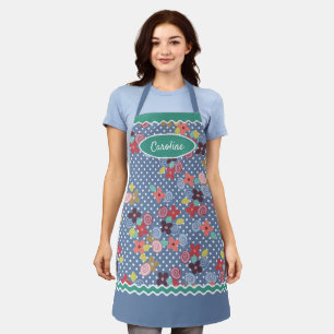 Tablier Fun Vintage Fleurs À petits pois Motif Sur Bleu