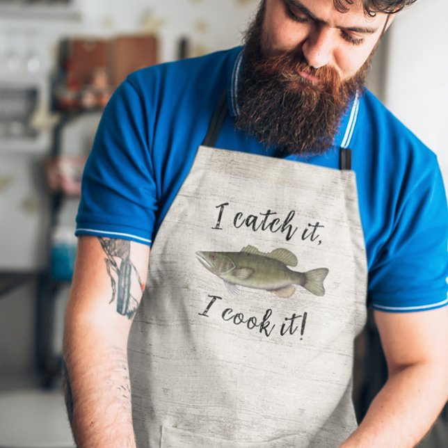 Tablier Funny Chef Fisherman Bass Fish Simple Wildlife (With a wood grain background and stylish typography)