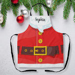 Tablier Funny Santa Claus Outfit Custom Text Christmas<br><div class="desc">Un tablier de Noël amusant avec une tenue de Père Noël ornée d'une ceinture noire et or,  d'une barbe blanche et d'un manteau rouge. Ajoutez un nom de texte personnalisé à personnaliser. Idéal pour les fêtes de fin d'année,  la fête de noël et plus encore.</div>