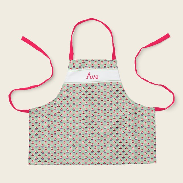 Tablier Gâteaux avec impression de cœurs personnalisés pou (Personalized cupcake kids apron with custom name.)