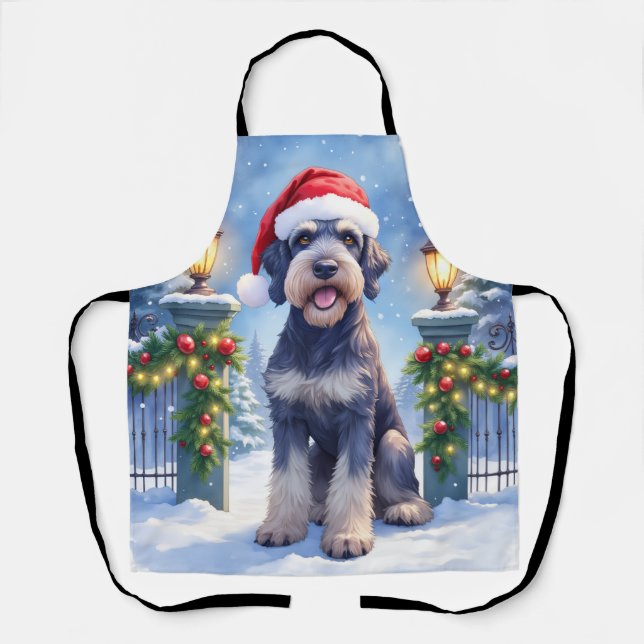 Tablier Géant Schnauzer Clôture de fer enneigée Père Noël  (Recto)