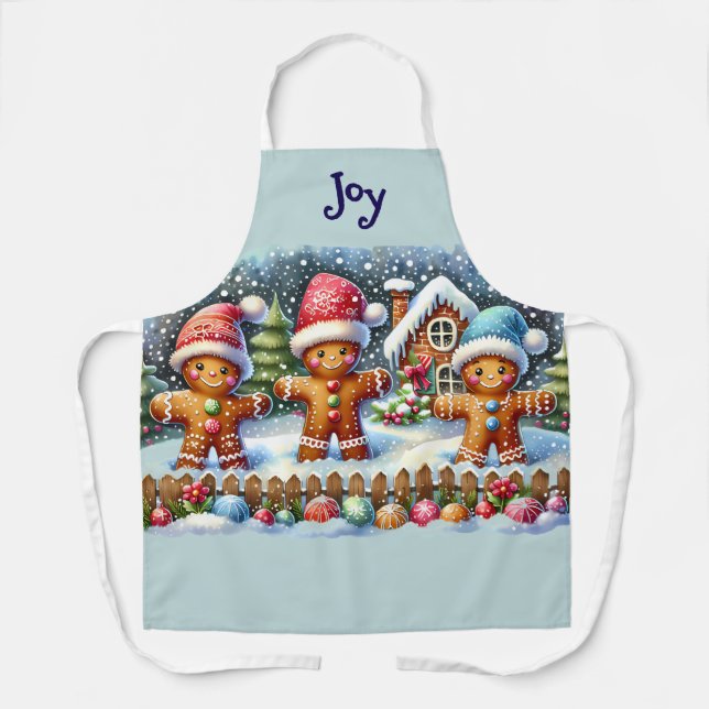 Tablier Gingerbread Family Snowy Christmas Scene Blue (Recto)