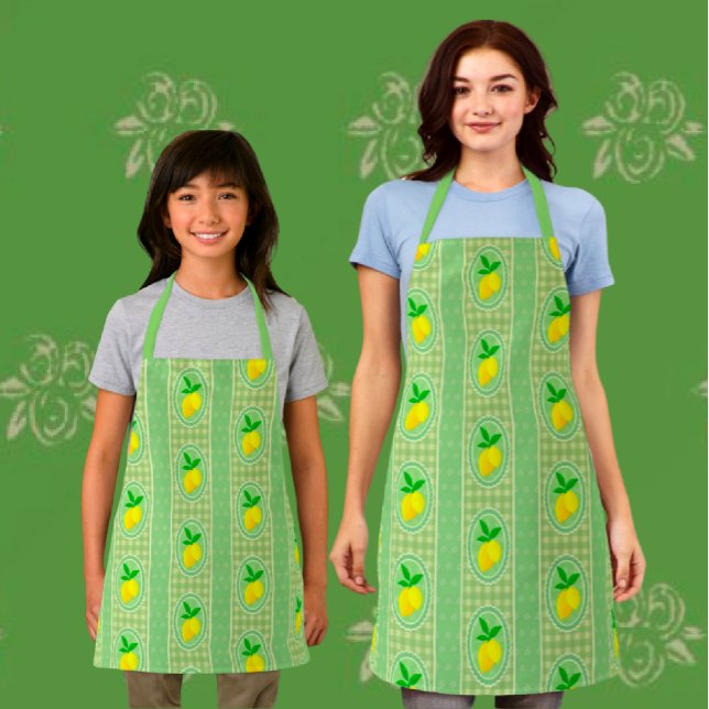 Tablier Gingham à carreaux jaune citron vert Sunny rétro (Fun vintage style lemon aprons, in 3 sizes.)