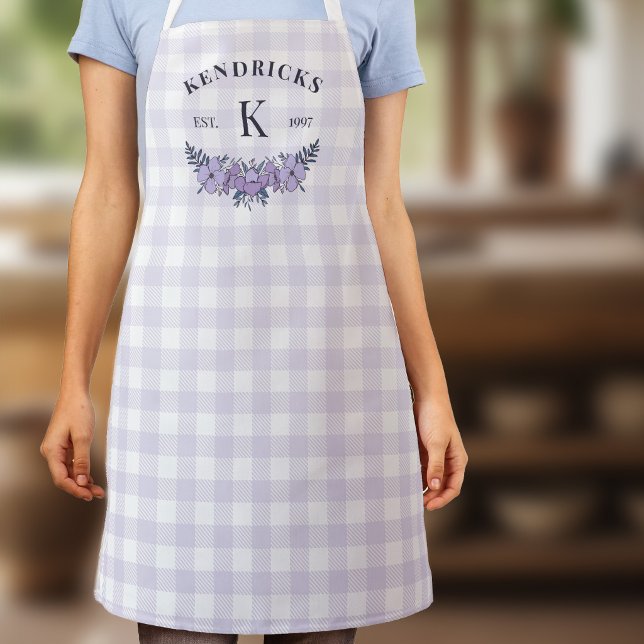 Tablier Gingham Floral Familial Monogramme Violet Clair (Créateur téléchargé)