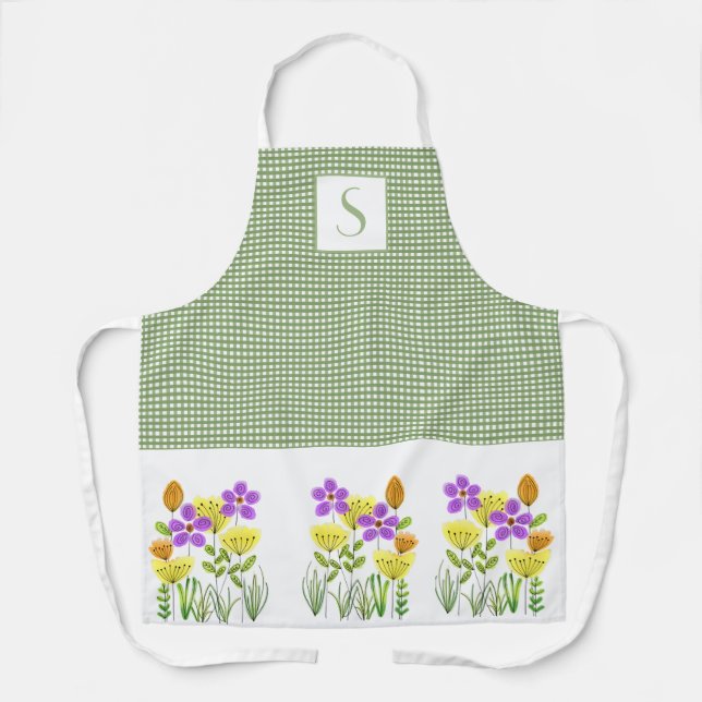 Tablier Gingham Vert de Ferme avec Monogramme de Fleurs Sa (Recto)