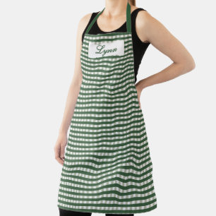 Tablier Gingham Vert et Blanc Classique Nom Personnalisé