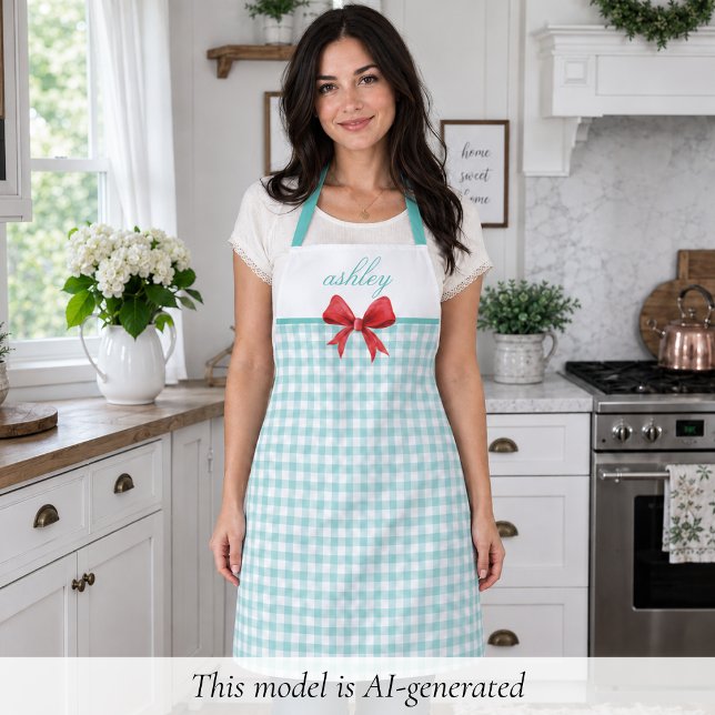 Tablier Gingham Vert Sarcelle (sweet cottagecore coquette rustic retro teal green gingham apron with red bow with custom name)