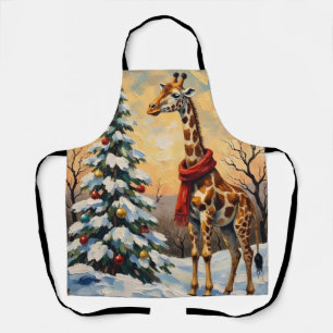 Tablier Girafe de Noël vintage dans la savane enneigée