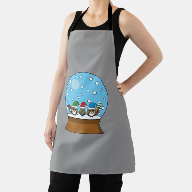 Tablier Globe des neiges avec trois Chouettes Gnomes (Insitu)