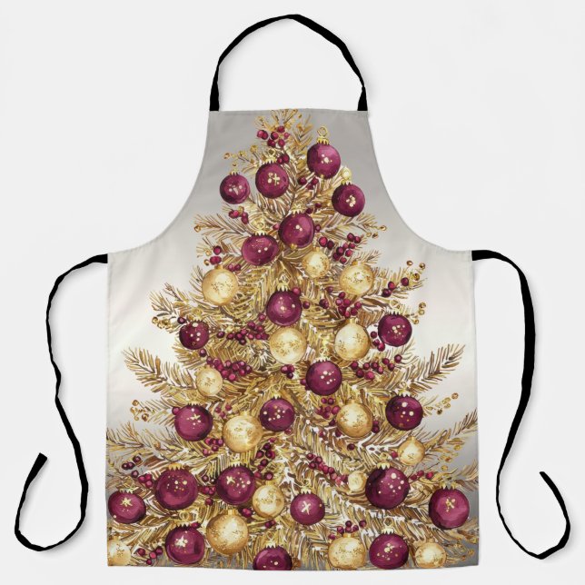 Tablier Gold Burgundy Christmas Tree Holiday Apron (Recto)