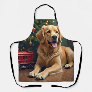 Tablier Golden Retriever près du train jouet de Noël