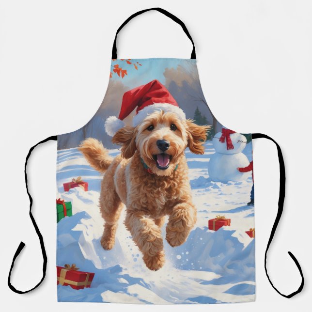 Tablier Goldendoodle courant dans la neige avec un chapeau (Recto)