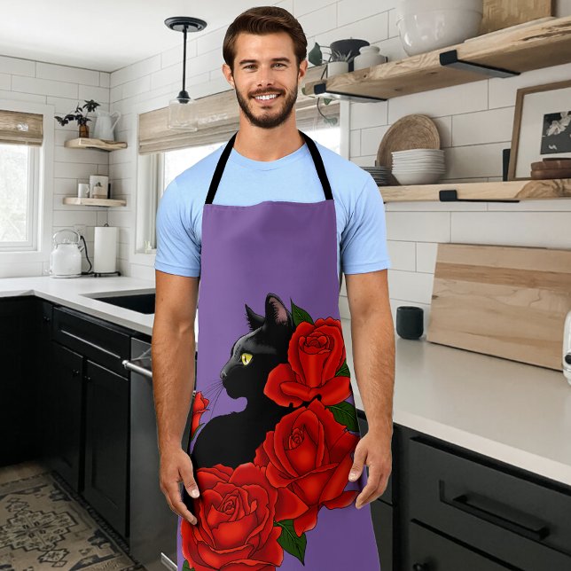 Tablier Gothique Chat Noir Roses Rouges Violet (Créateur téléchargé)