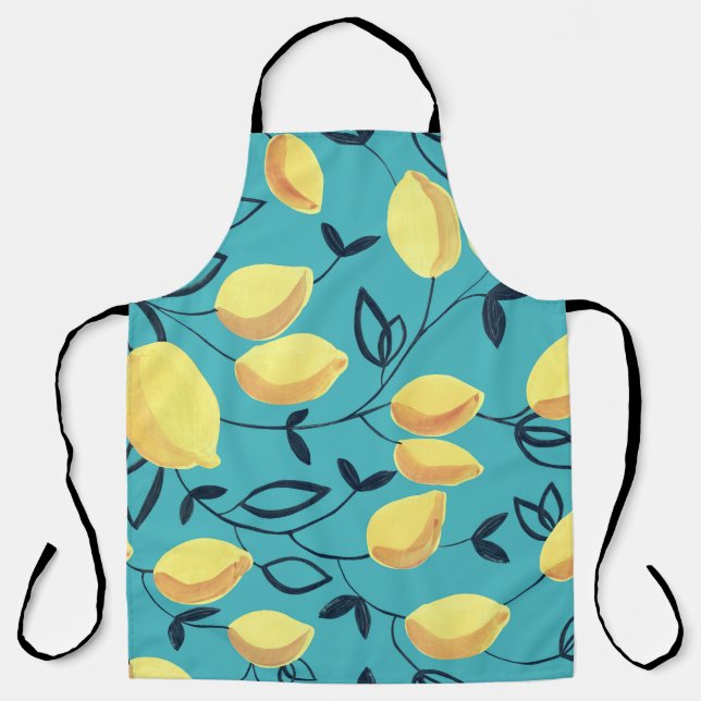 Tablier Gouache de citron jaune motif sur turquoise. (Recto)