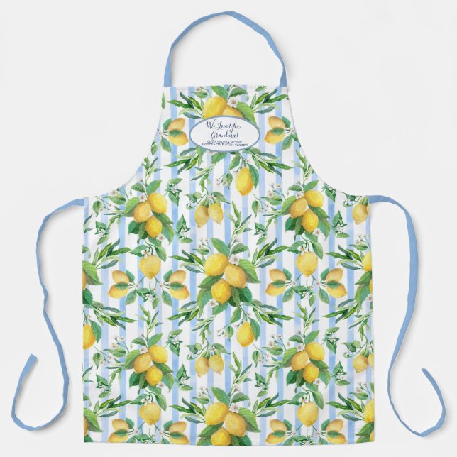 Tablier Grand-mère Fleur de citron rayure bleue et blanche (Recto)
