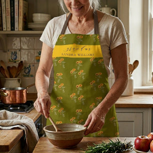 Tablier grand-mère vert olive à motif floral éléga
