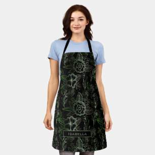 Tablier Grand motif fleuri vert nom personnalisé