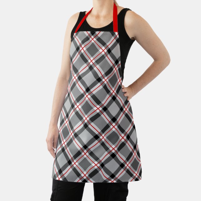 Tablier Grand Plaid moderne, noir, blanc, gris et rouge (Insitu)
