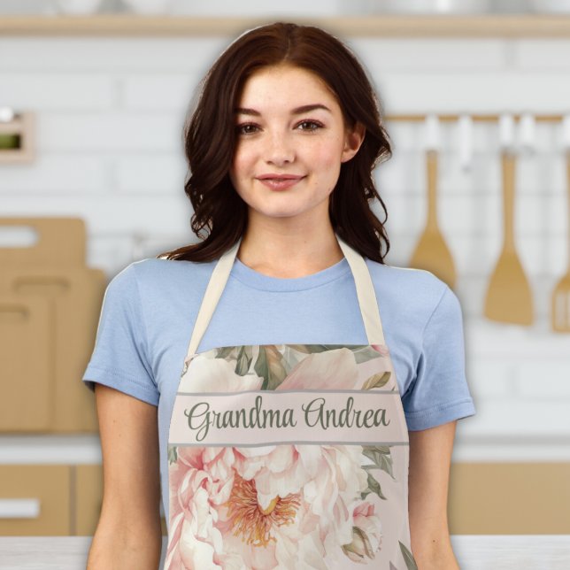 Tablier Grandma Cuisine femme cuisson aquarelle Floral (Custom name grandma apron pink peony roses flowers floral sweet gift for nana grandma abuela)