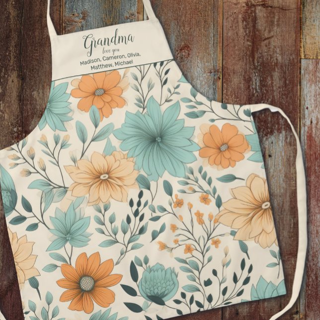 Tablier Grandma Retro Floral Grandkids Noms (Créateur téléchargé)