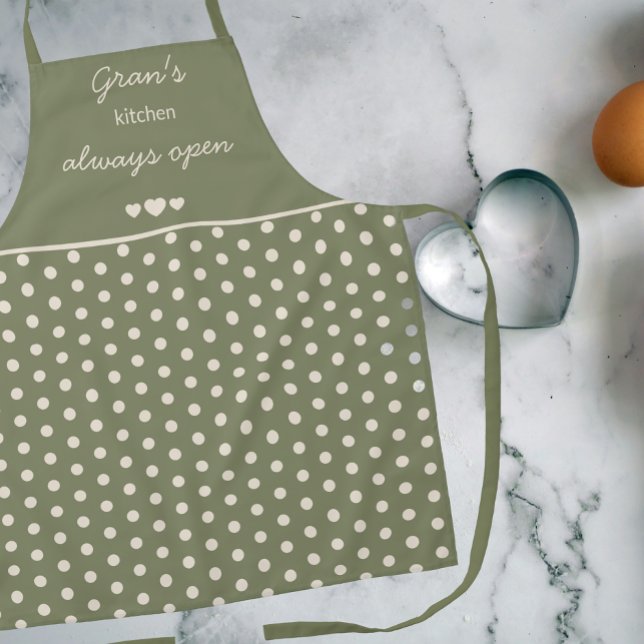 Tablier Gran's Kitchen Always Open Olive Green Polka Dot (Créateur téléchargé)