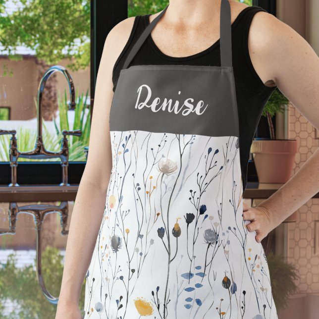 Tablier Gray Blue Watercolor Wildflower Custom Name Apron (Créateur téléchargé)