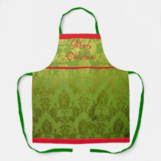 Tablier Green Faux Brocade Red Trim Holiday Apron