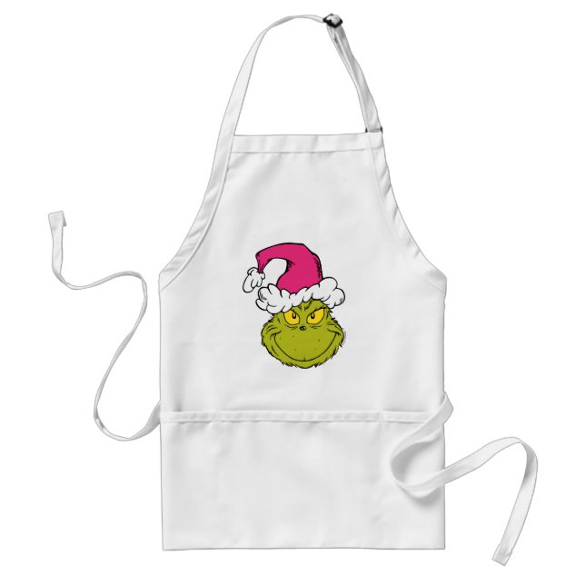 Tablier Grinch avec un chapeau de Père Noël rose (Devant)
