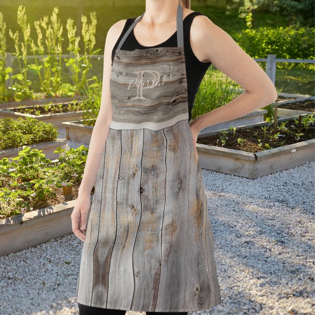 Tablier gris à monogramme de ton de bois rustique (Créateur téléchargé)