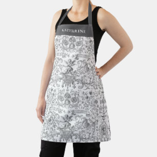 Tablier Gris Blanc Élégant Baroque Ange Floral Vintage
