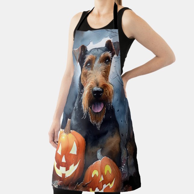Tablier Halloween Airedale Avec Peur Citrouille (Insitu)
